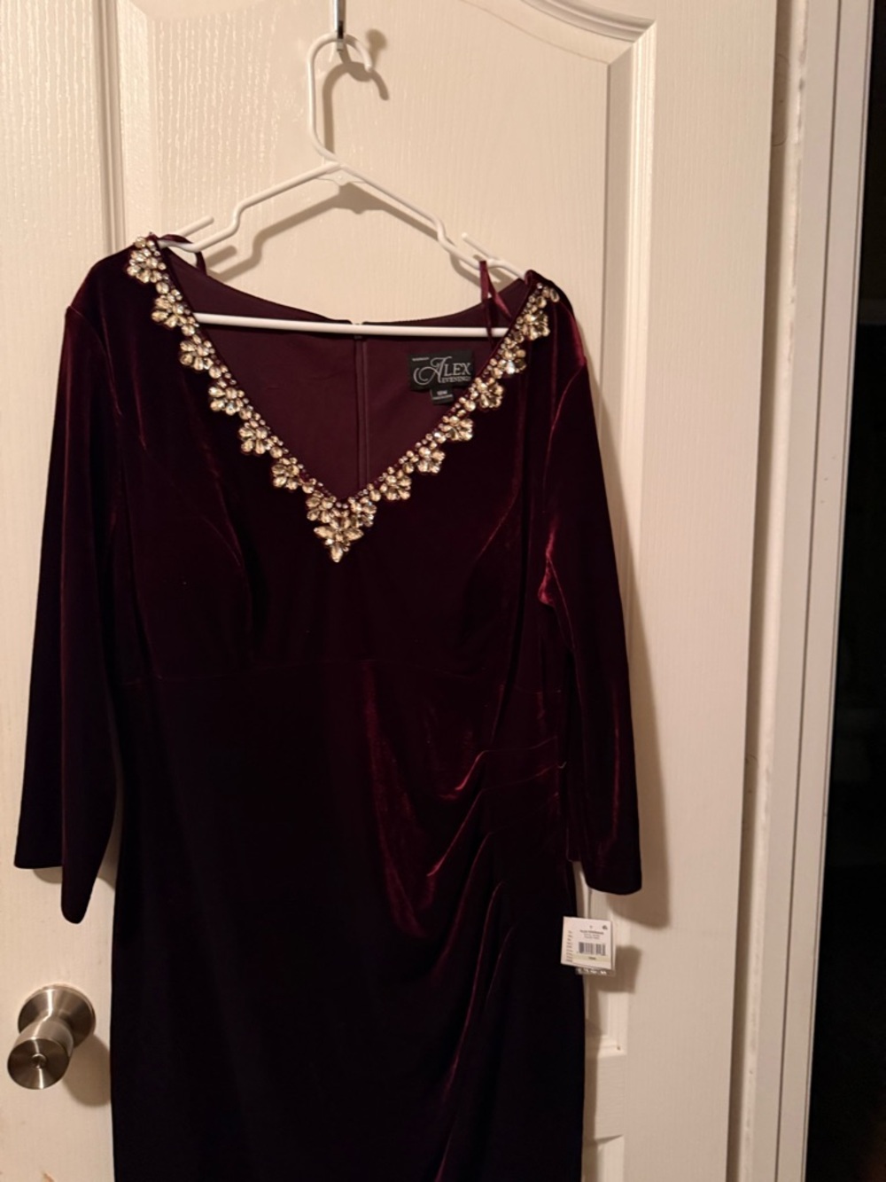 Alex Evenings Burgundy Velvet Long-Sleeve Dress with Crystal V-Neck